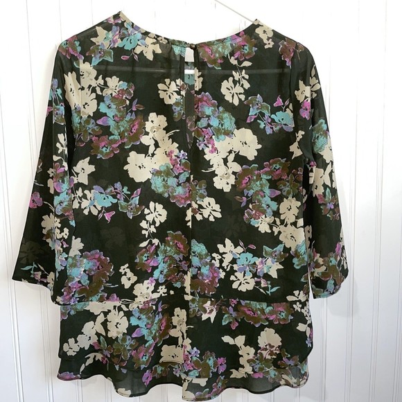 Everly Womens Small Floral Top Blouse 3/4 Sleeve Sheer Hi Lo Hem‎ Tiered … - Picture 2 of 14